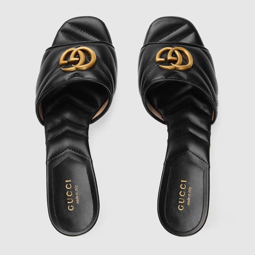 Gucci Double G Leather Sandals Black Gold GG Logo Heel Slides Size 35.5 BNIB